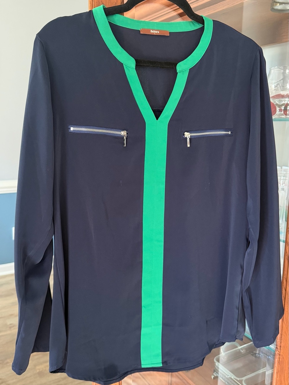 Tahari Navy Blue Long-Sleeve Blouse with Green Trim